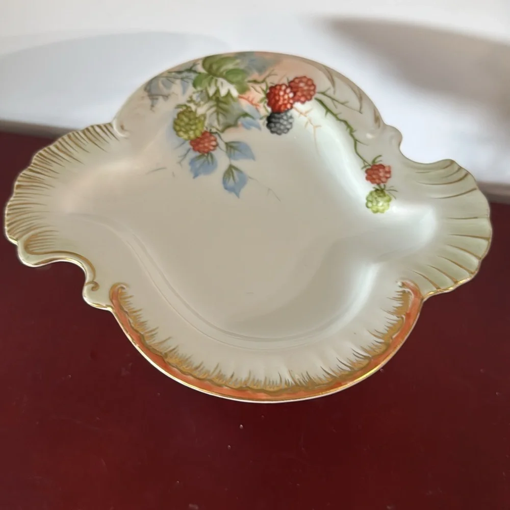 Recreated vintage hand-painted porcelain trinket or candy dish,w/brass pedestal